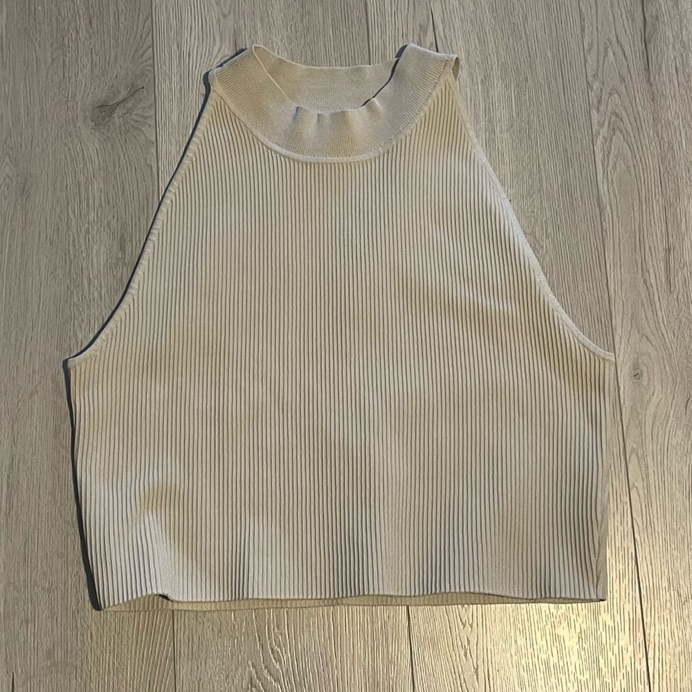 Aritzia Babaton Sculpt Knit Halter Top- Matte Pearl Cream Sleeveless Ribbed Tank - Picture 6 of 7